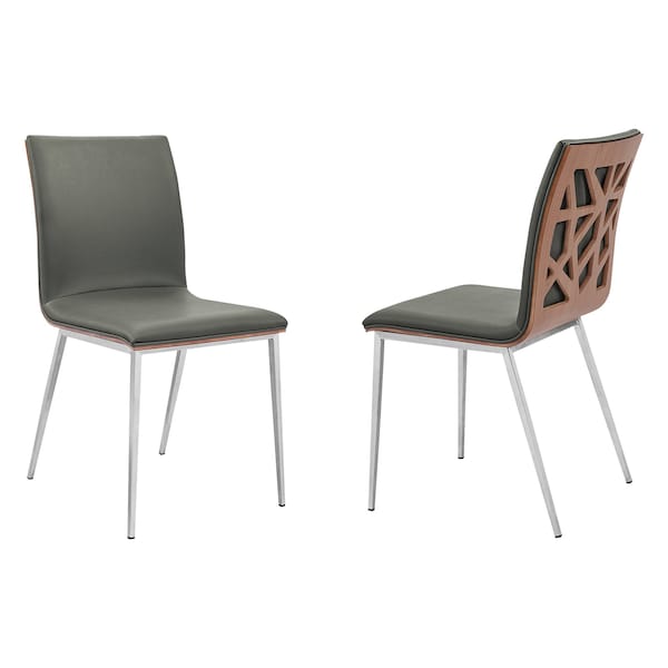 Armen Living Crystal Dining Chair in Brushed Stainless Steel finish with Gray Faux Leather and Walnut Back, PK2 LCCRCHGRPU - main